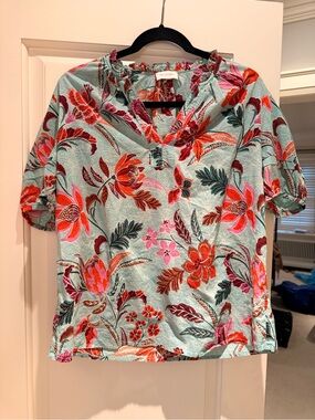 Banjanan Floral Top in Aqua with Red & Pink Accents